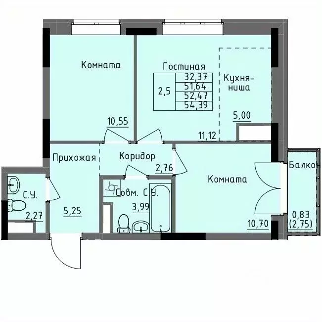 2-к кв. Удмуртия, Ижевск Строитель жилрайон, 4-й мкр,  (52.47 м) - Фото 0