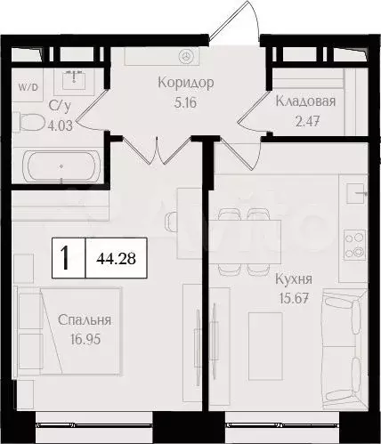 1-к. квартира, 44,3м, 5/17эт. - Фото 0