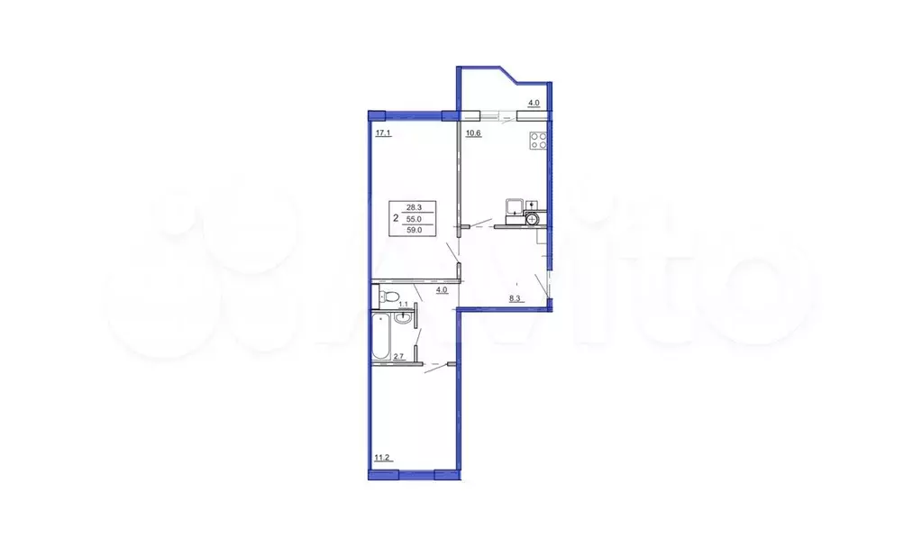 2-к. квартира, 59 м, 4/4 эт. - Фото 1