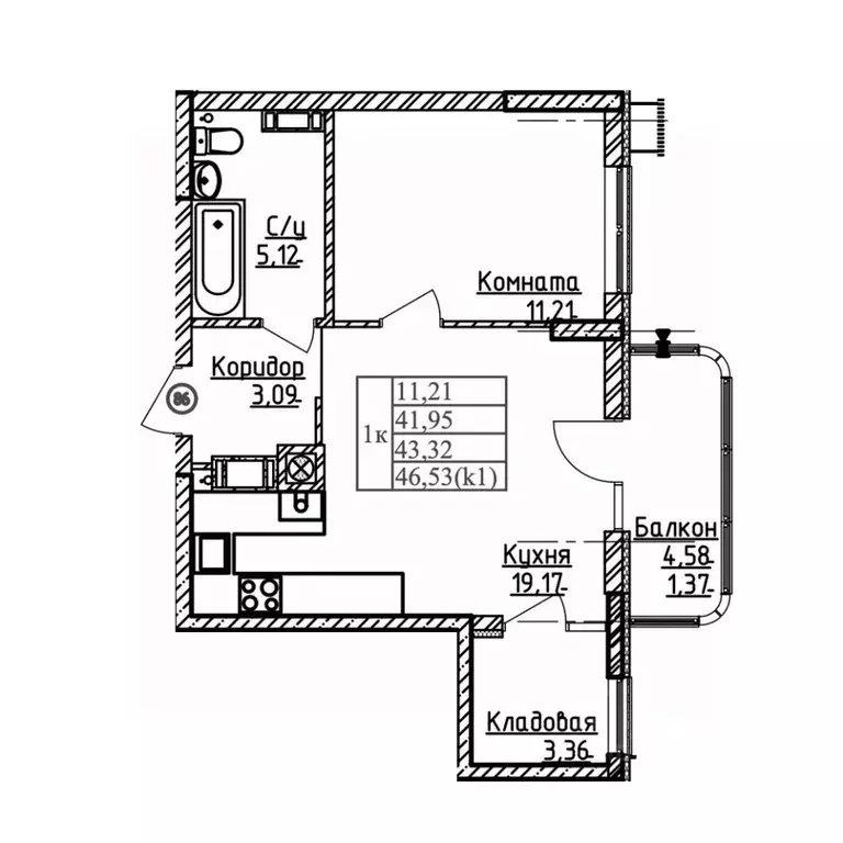 1-к кв. Калининградская область, Калининград ул. Дубовая Аллея (43.32 ... - Фото 1
