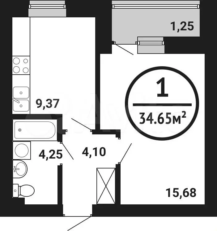 1-к. квартира, 34,7м, 3/8эт. - Фото 0