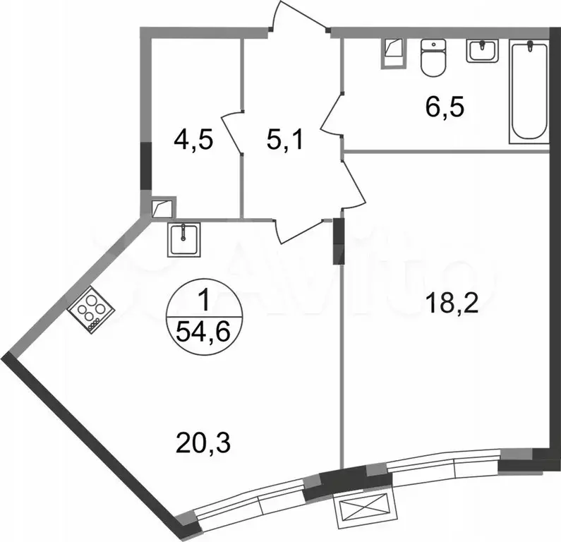 1-к. квартира, 54,6 м, 1/9 эт. - Фото 0