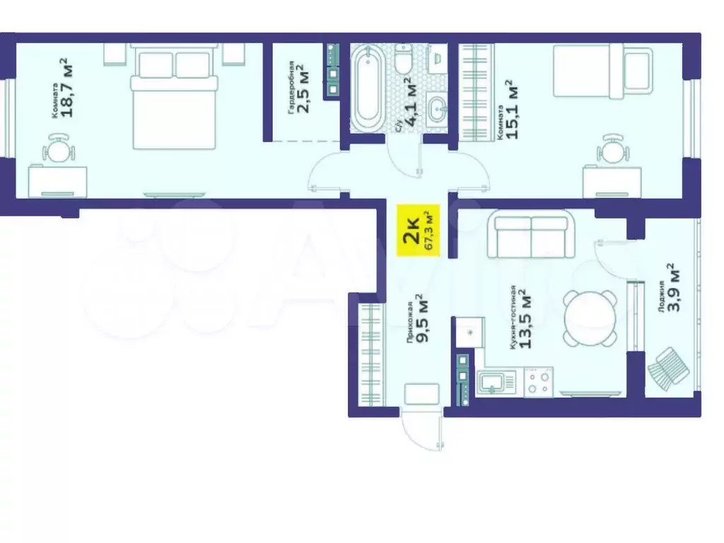 2-к. квартира, 68 м, 2/4 эт. - Фото 1