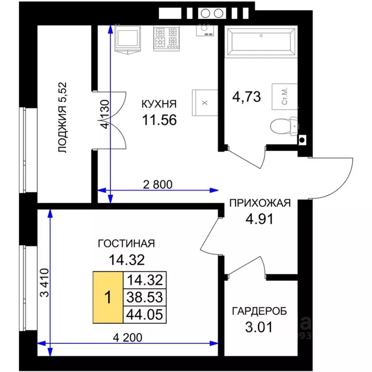 1-к кв. Калининградская область, Гурьевск Включи жилой комплекс (44.05 ... - Фото 0