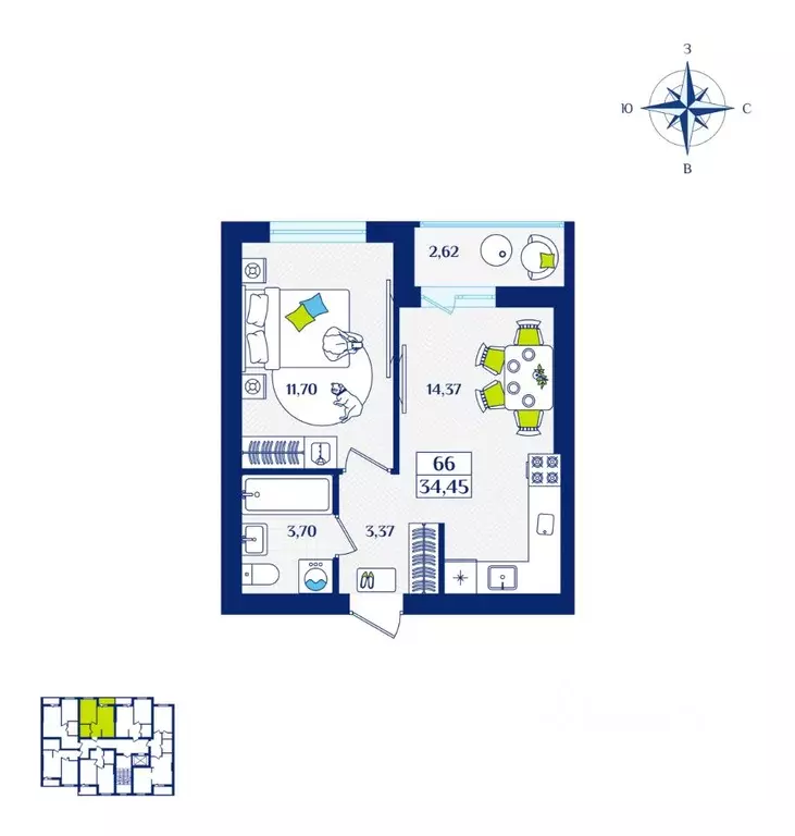 1-к кв. Калининградская область, Зеленоградск  (34.45 м) - Фото 0