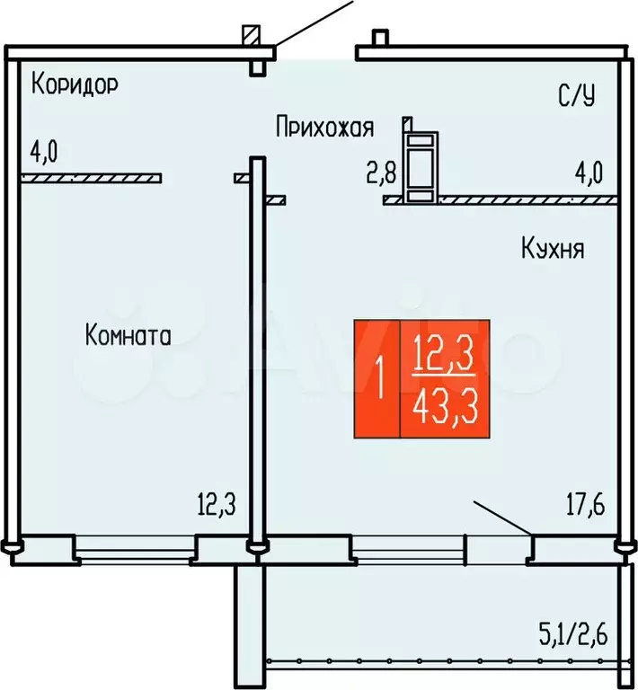 1-к. квартира, 43,3 м, 6/10 эт. - Фото 0