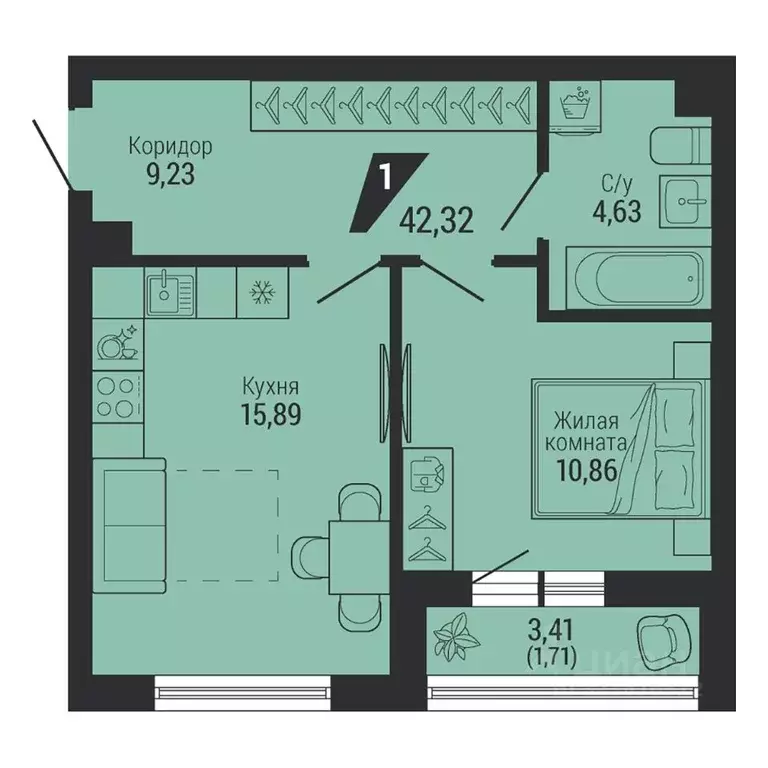 1-к кв. Свердловская область, Екатеринбург пер. Ученический, 4 (42.32 ... - Фото 1