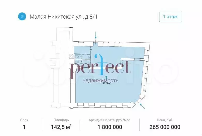 Аренда ПСН, площадью 142,5 кв.м (1 этаж), ул Малая Никитская, д 8/1 - Фото 0