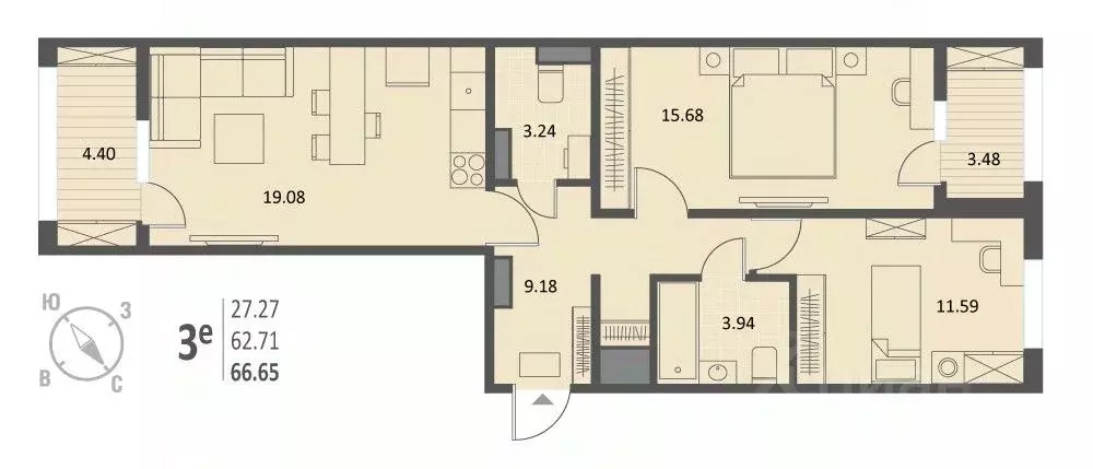 2-к кв. Воронежская область, Воронеж Краснознаменная ул., 72 (66.65 м) - Фото 0