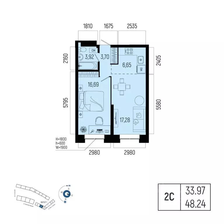 2-к кв. Башкортостан, Уфа Глумилино-1 мкр, Новатор жилой комплекс ... - Фото 1