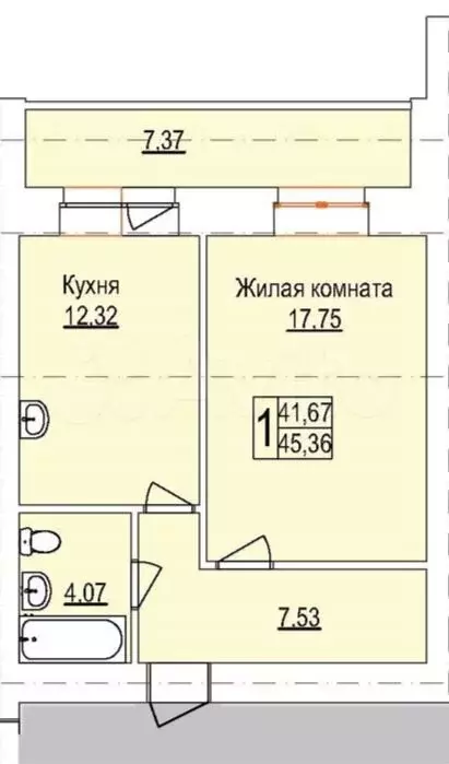 1-к. квартира, 45,4 м, 13/14 эт. - Фото 1