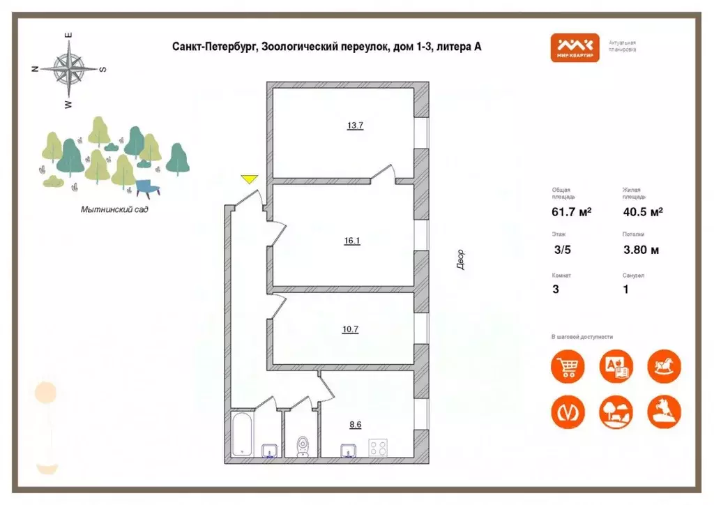 3-к кв. Санкт-Петербург Зоологический пер., 1-3 (61.7 м) - Фото 1