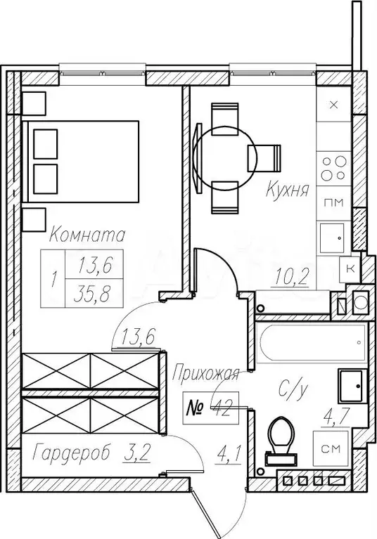 1-к. квартира, 35,8 м, 1/5 эт. - Фото 1