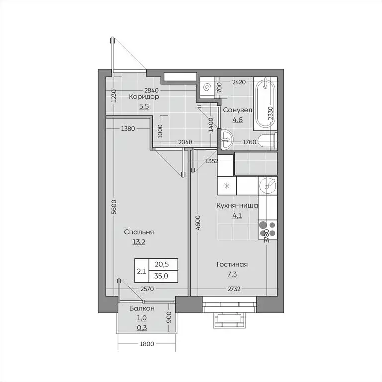 2-комнатная квартира: село Усады, улица Тёплых Встреч, 11 (34.99 м) - Фото 1