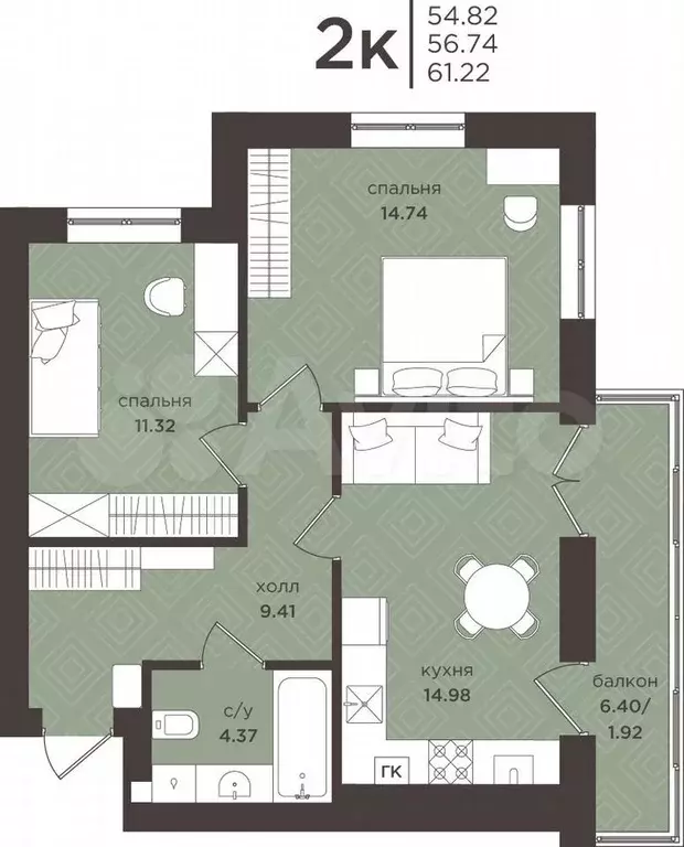 2-к. квартира, 57,4 м, 5/7 эт. - Фото 1