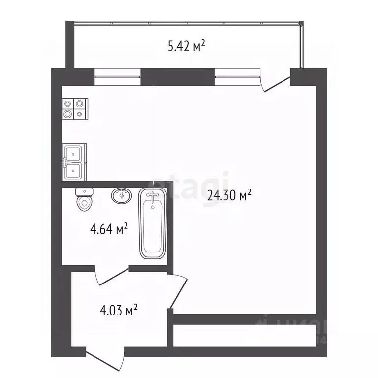 Студия Тюменская область, Тюмень ул. Вадима Бованенко, 1 (32.9 м) - Фото 2