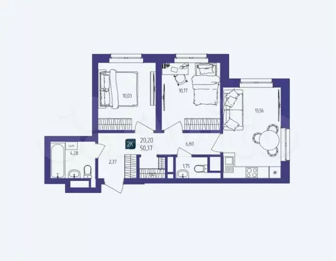 2-к. квартира, 50 м, 11/19 эт. - Фото 1