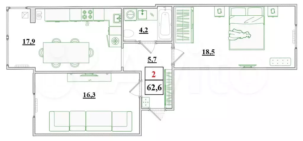 2-к. квартира, 62,6 м, 2/8 эт. - Фото 0