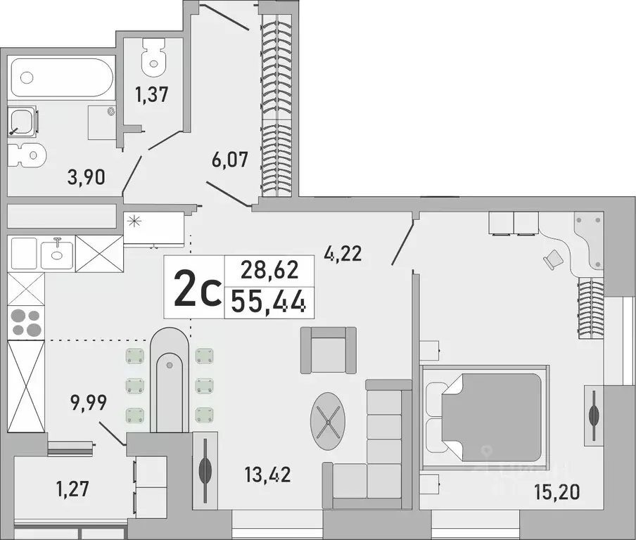 2-к кв. Башкортостан, Уфа Бакалинская ул., 9/1 (55.44 м) - Фото 0