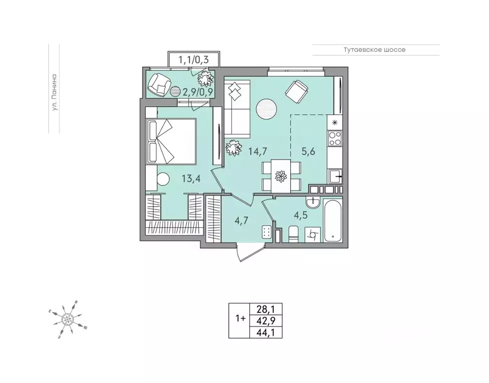2-к кв. Ярославская область, Ярославль Тутаевское ш., 93Б (44.1 м) - Фото 1
