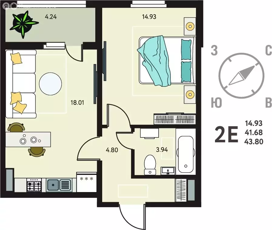 1-комнатная квартира: Липецк, ЖК Инстеп. Механизаторов (43.8 м) - Фото 1