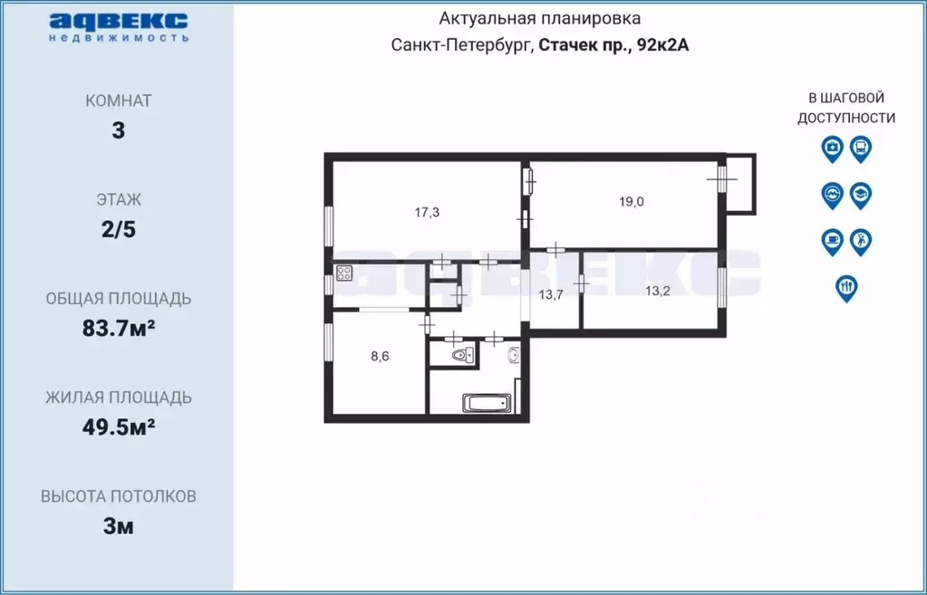 3-к кв. Санкт-Петербург просп. Стачек, 92К2 (83.7 м) - Фото 1