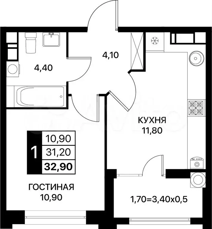 1-к. квартира, 32,9 м, 3/20 эт. - Фото 0