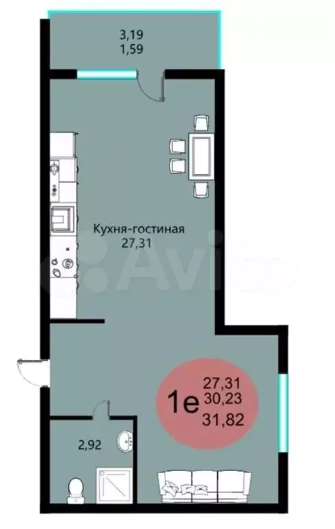 Квартира-студия, 31,8 м, 5/19 эт. - Фото 0