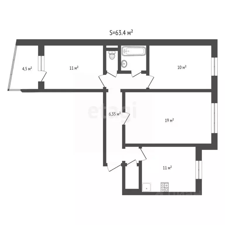 3-к кв. Брянская область, Брянск ул. Ромашина, 34к1 (63.4 м) - Фото 1