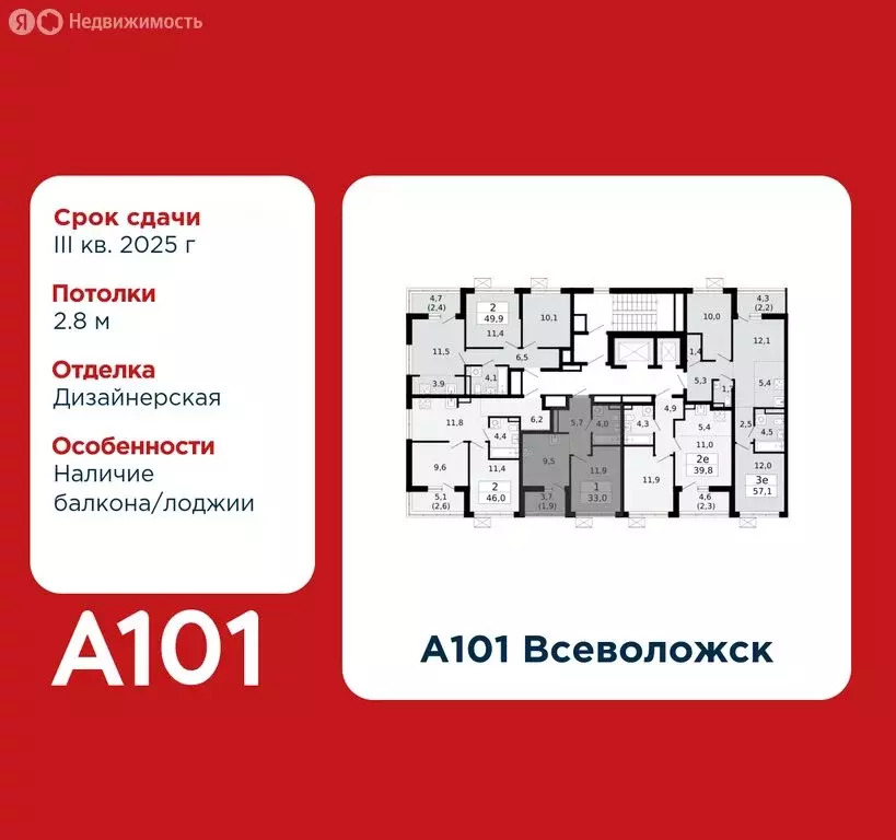 1-комнатная квартира: Всеволожск, ЖК А101 Всеволожск, 1.3 (33 м) - Фото 1