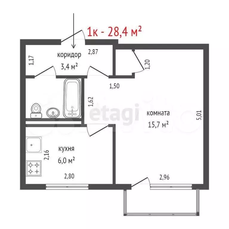 1-к. квартира, 28,4 м, 2/5 эт. - Фото 1
