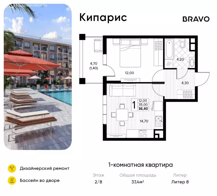 1-комнатная квартира: Сукко, жилой комплекс Кипарис (37.4 м) - Фото 1