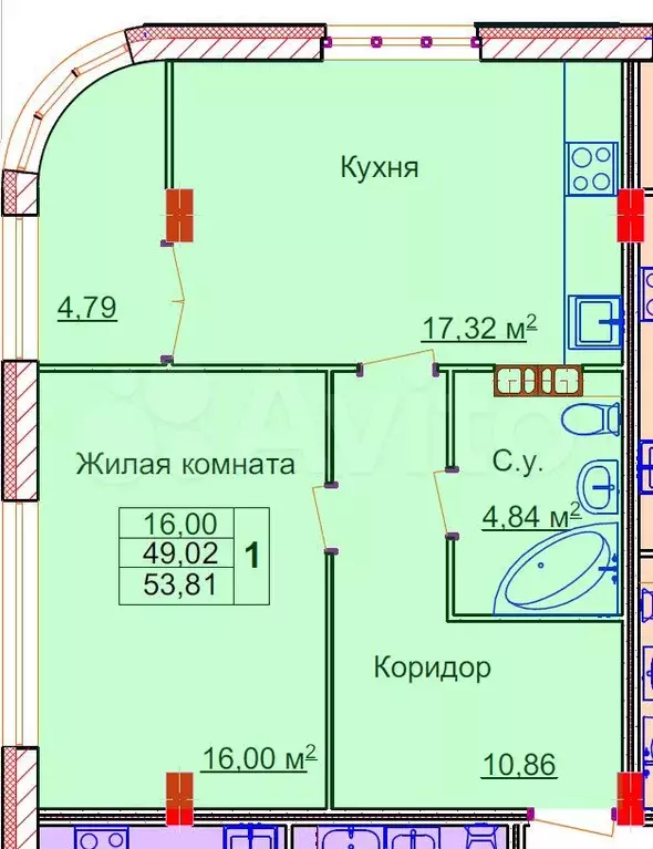 1-к. квартира, 53,8 м, 5/15 эт. - Фото 0