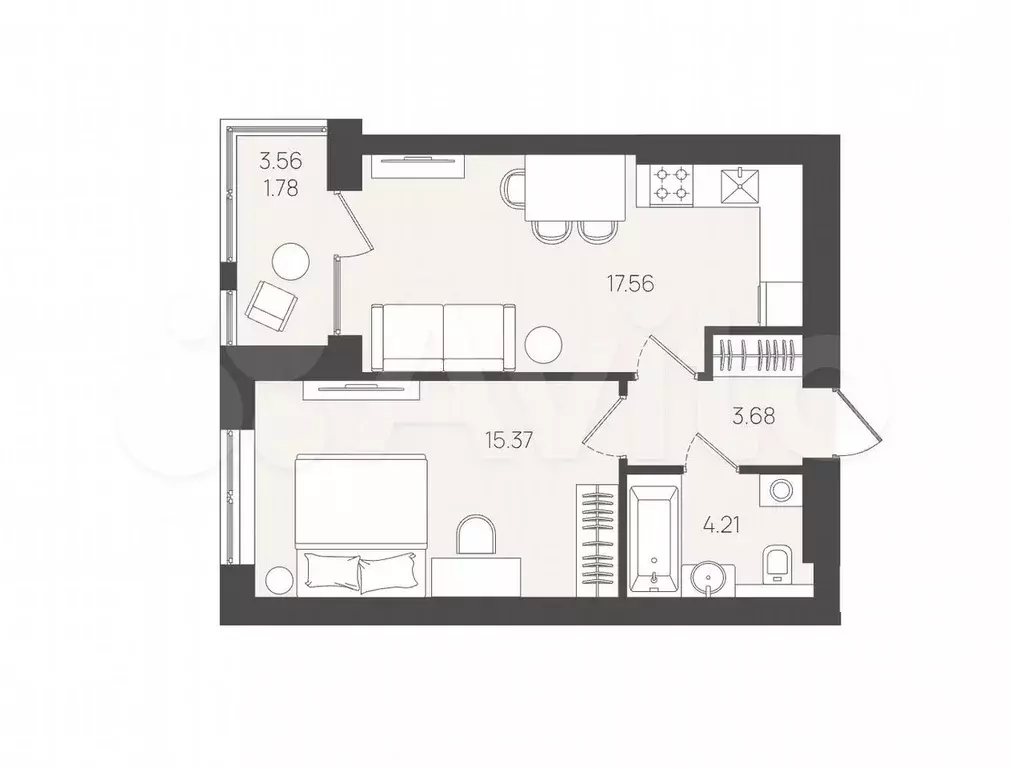 1-к. квартира, 42,6 м, 3/5 эт. - Фото 1