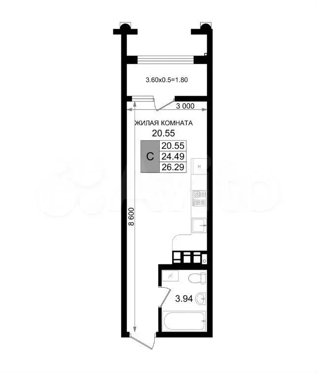 Квартира-студия, 26,3 м, 5/8 эт. - Фото 1