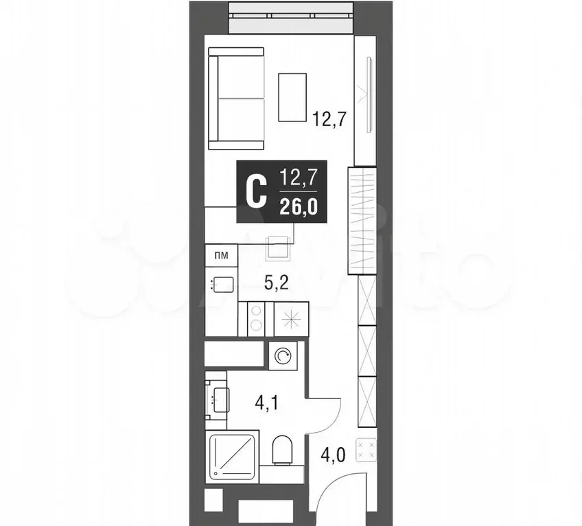 Квартира-студия, 25,4 м, 7/53 эт. - Фото 1