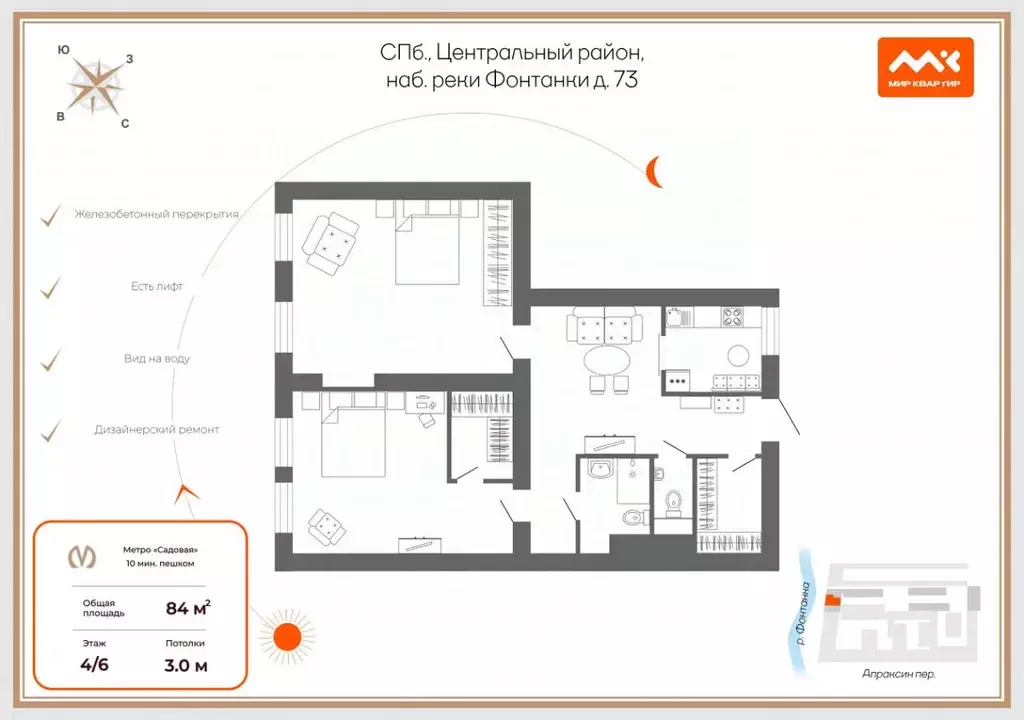 2-к кв. Санкт-Петербург наб. Реки Фонтанки, 73 (84.0 м) - Фото 2