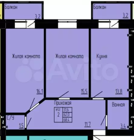 2-к. квартира, 68,4 м, 3/4 эт. - Фото 0