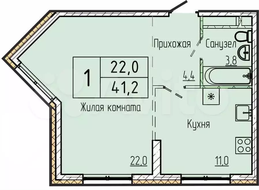 1-к. квартира, 41,2 м, 11/15 эт. - Фото 0