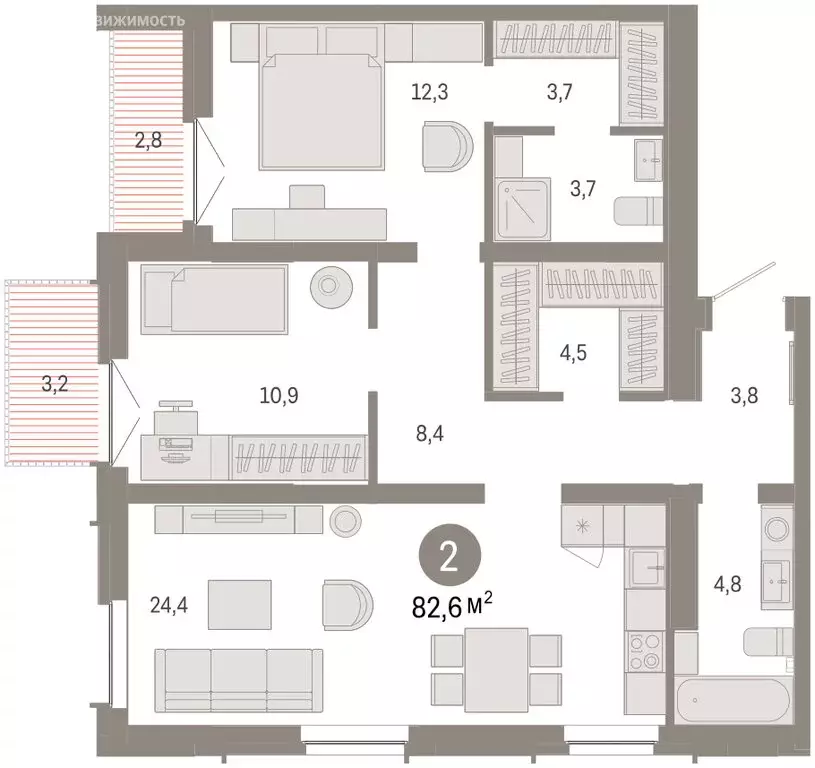 3-комнатная квартира: Тюмень, улица Республики, 205к2 (82.8 м) - Фото 1
