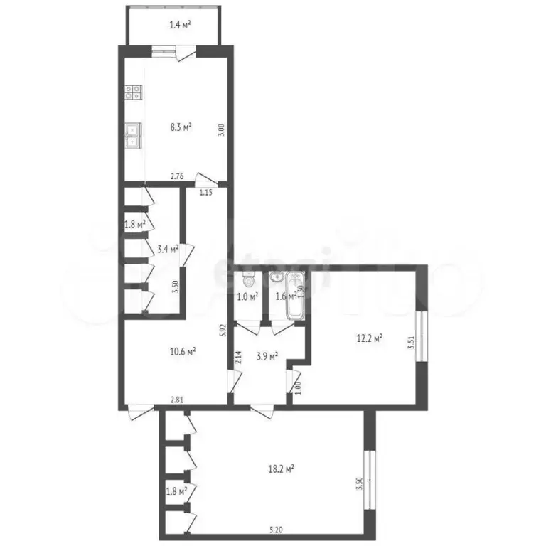 2-к. квартира, 38,7 м, 3/3 эт. - Фото 1