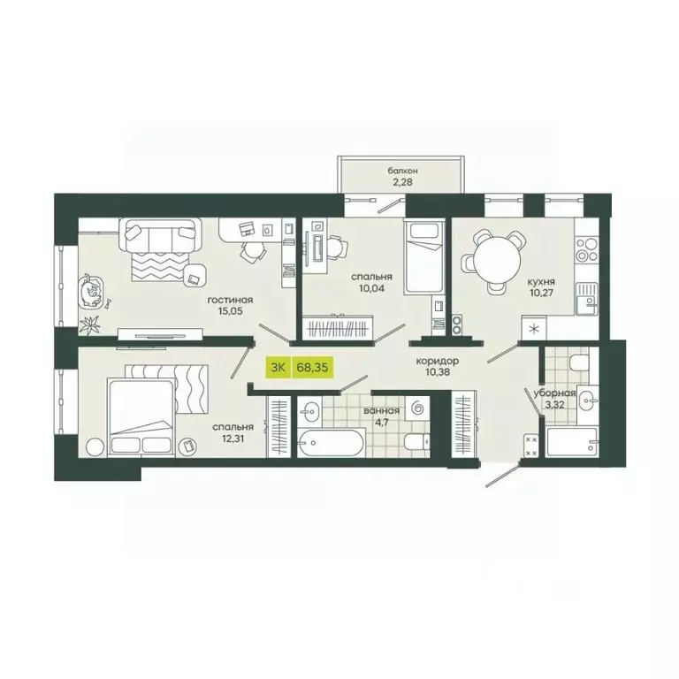 3-к кв. Новосибирская область, Новосибирск Гринвилл жилой комплекс ... - Фото 1