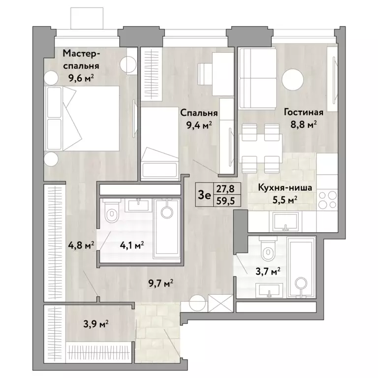 2-к квартира, 59.5 м - Фото 0