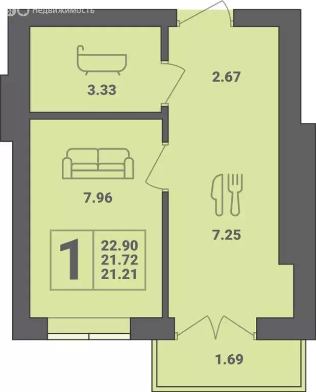 1-комнатная квартира: Пионерский, улица Гептнера, 17 (22.9 м) - Фото 0