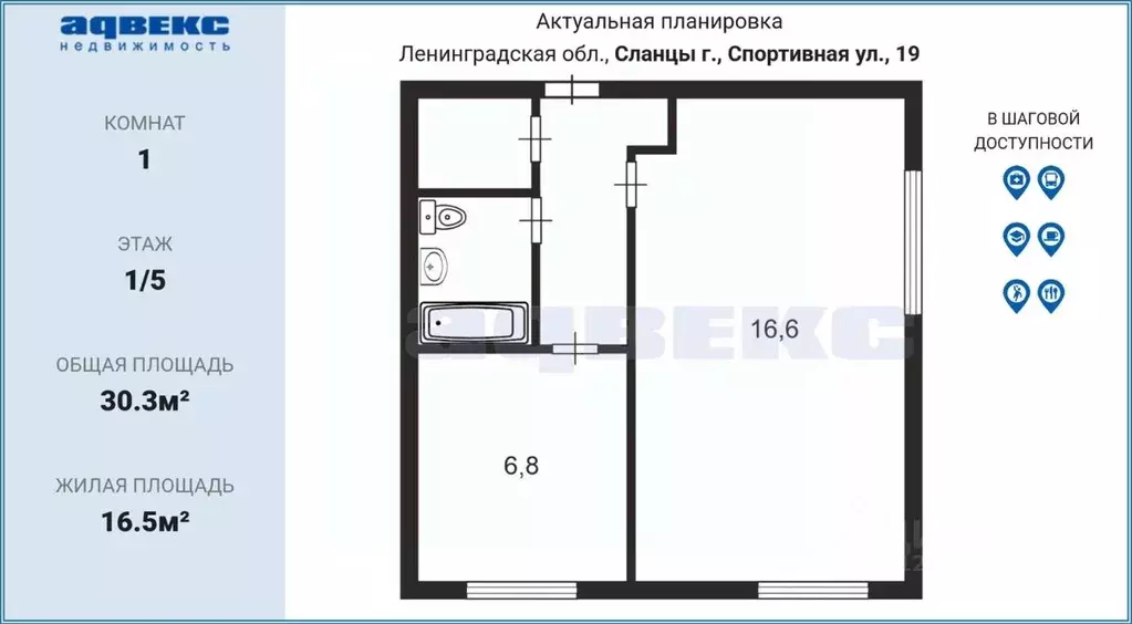 1-к кв. Ленинградская область, Сланцы Спортивная ул., 19 (30.3 м) - Фото 2