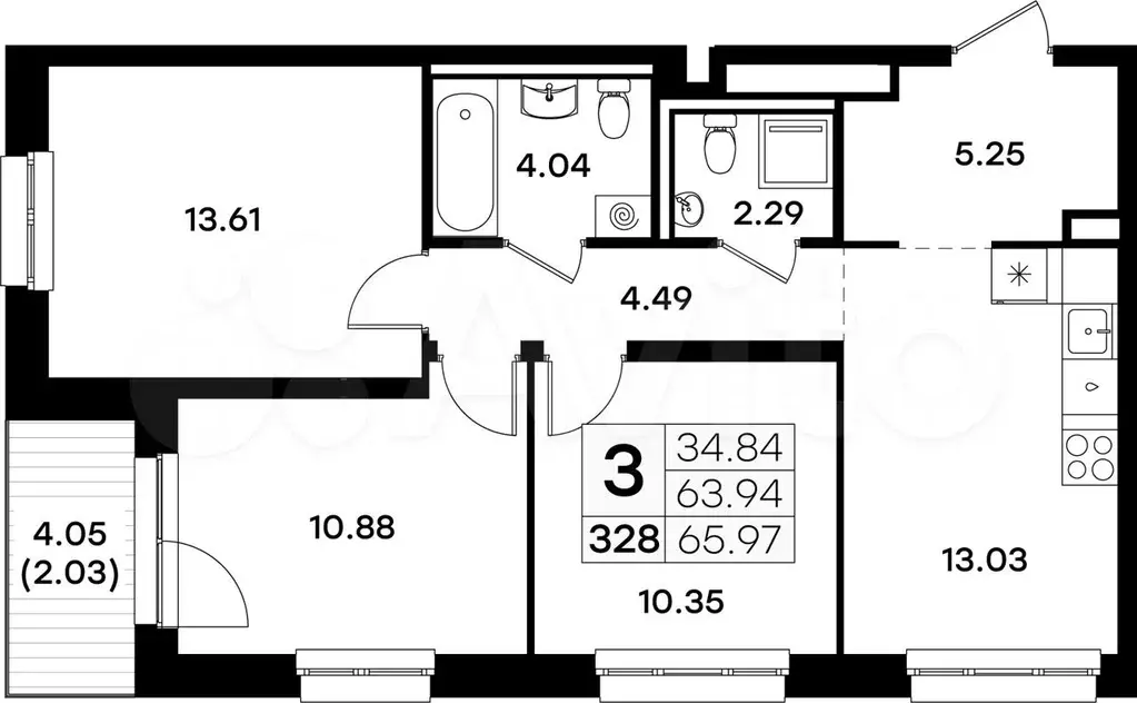 3-к. квартира, 66 м, 3/8 эт. - Фото 0