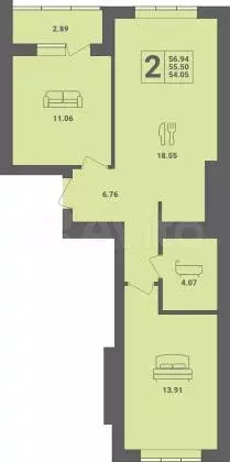 2-к. квартира, 55,5 м, 3/6 эт. - Фото 1