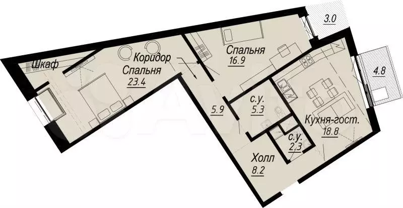 2-к. квартира, 83,1м, 7/8эт. - Фото 0