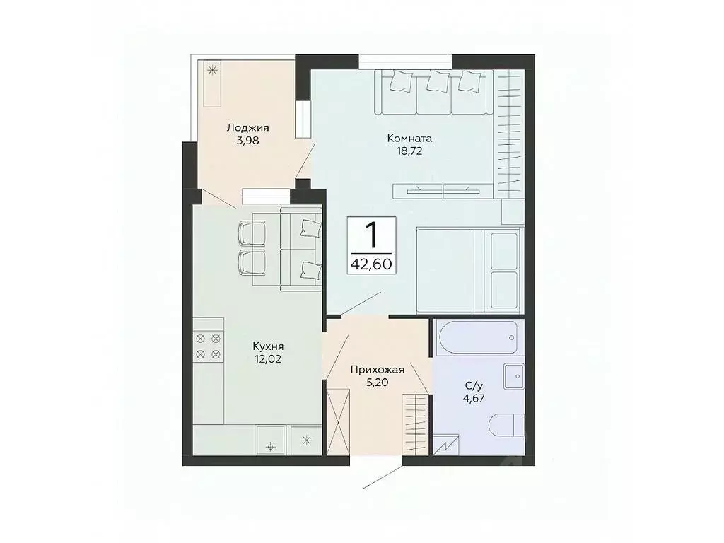 1-к кв. Воронежская область, Воронеж ул. Туполева, 5Н (42.6 м) - Фото 1