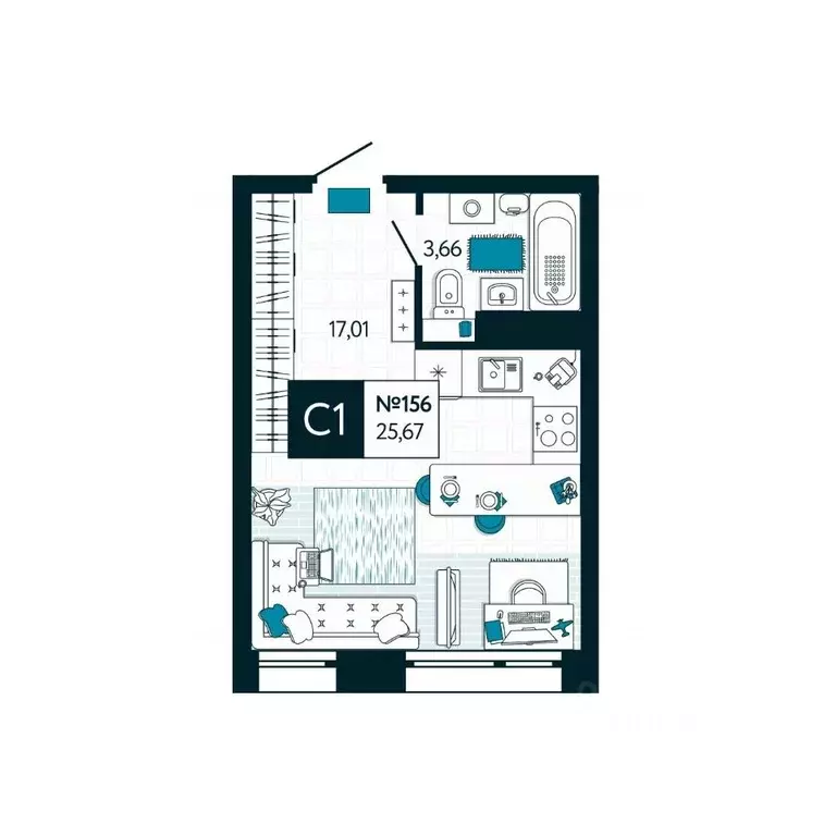 Студия Тульская область, Тула ул. Чмутова, 158Д (25.67 м) - Фото 1